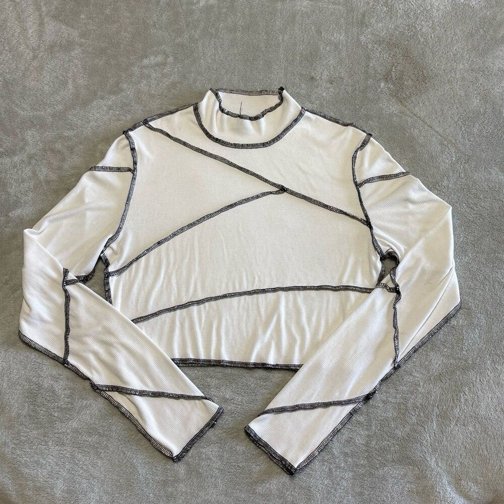 White ribbed long sleeve mock neck top contrast stitching patchwork Y2K winter